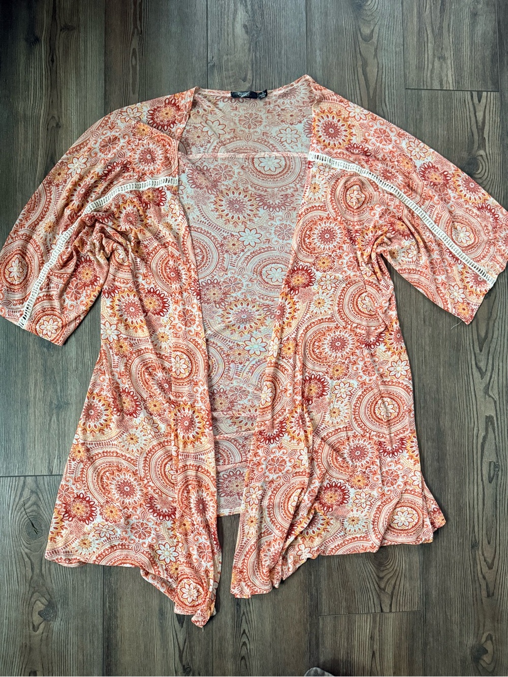 Women's Open-Front Paisley Kimono Cardigan in Coral